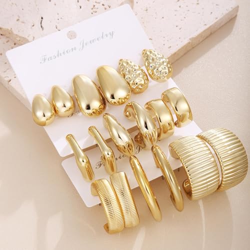 9 Pairs Women's Hypoallergenic Thick Gold Drop Earrings, Fashion Thick Gold-Plated Hoop Earrings Set, Lightweight Jewelry