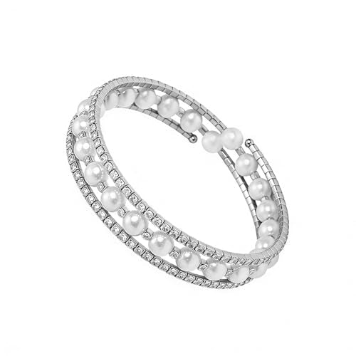 Pearl Stretch Cuff Bracelet for Women Adjustable Multilaye Rhinestone Crystal Bracelet Wedding Party Brides Bridesmaid Jewelry - color: Silver Style