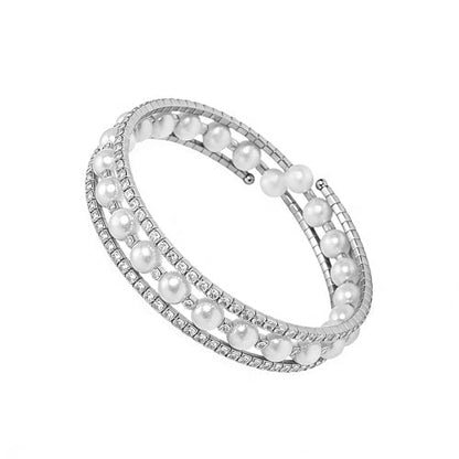 Pearl Stretch Cuff Bracelet for Women Adjustable Multilaye Rhinestone Crystal Bracelet Wedding Party Brides Bridesmaid Jewelry - color: Silver Style