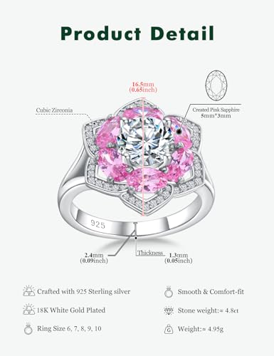 Flower Engagement Promise Ring Sterling Silver Birthstone Rings for Women Sapphire/Emerald/Ruby Gemstone Six Leaf Clover Statement Cocktail Ring Size 6 to 10 - style: 10. October-Created Pink Sapphire