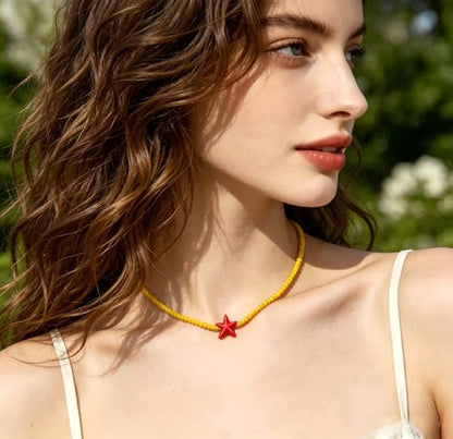 Seed Bead Choker Necklace for Women Bohemian Tiny Beads Choker Colorful Rice Bead Starfish Choker Summer Surfer Beach Necklace Jewelry Gift - color: Yellow