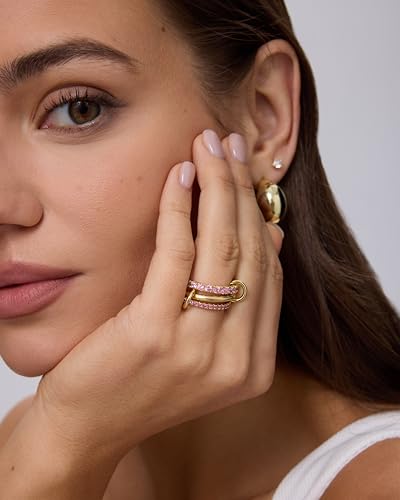 PAVOI 14K Gold Plated Interlocking Ring for Women - Chunky Connected Bands Interlock Stackable Rings for Women - Trendy Cubic Zirconia Two Tone Interlocked Multi-Band Statement Jewelry - style: Triple bands plain & CZ - White Gold