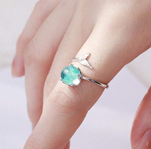 Duan Ocean Blue Opal Mermaid Fish Tail Finger Toe Rings Sterling Silver Plated Blue Crystal Adjustable Free Size Open Ring