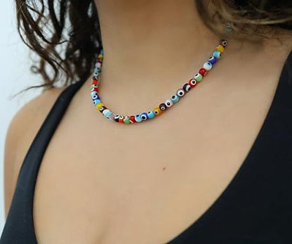 Aobei Pearl Gemstone Beaded Choker Necklace for Women Boho Turquoise/Cultured Freshwater Pearls/Garnet/Amazonite Jewelry - color: N Colorful Evil Eye