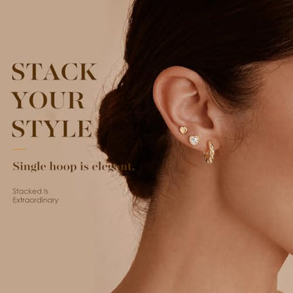 Huggie Hoop Earrings,Dainty Earring Set,3 Pairs Heart Stud, CZ Heart Stud and Twisted Huggie Hoop, Fashion Jewelry for Women