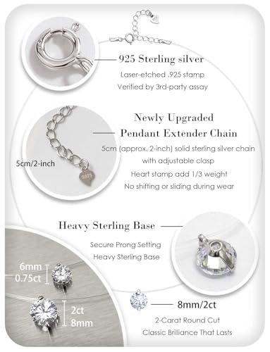 Teardrop 925 Silver CZ Floating Pendant Necklace 16 Inch Cubic Zirconia Invisible Necklace, Hypoallergenic, Jewelry Gifts for Women Anniversary Birthday - color: Round-Shaped_8MM