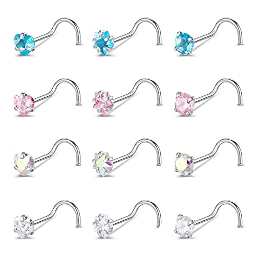 ZS 20G Nose Stud Rings Set, Stainless Steel CZ Nose Piercing Jewelry | Hypoallergenic Nose Bone Rings, L Shaped & Screw Nose Studs, 3mm CZ Stone Nostril Jewelry for Women Men - color: 12pcs Nose Screws Style