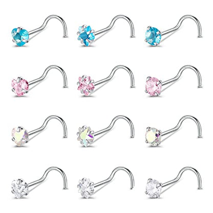 ZS 20G Nose Stud Rings Set, Stainless Steel CZ Nose Piercing Jewelry | Hypoallergenic Nose Bone Rings, L Shaped & Screw Nose Studs, 3mm CZ Stone Nostril Jewelry for Women Men - color: 12pcs Nose Screws Style