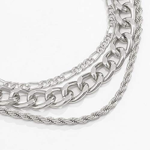 Aimimier 3Pcs Punk Cuban Link Chain Choker Necklace Twist Rope Necklace Chunky Figaro Chain Prom Party Festival Accessory for Women - color: Silver