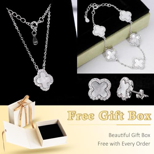 925 Sterling Silver Four Leaf Clover Bracelet – Real Silver Lucky Clover Jewelry for Women, Dainty Good Luck Gift for Her - color: Rhodium Plated – Mother-of-Pearl Set