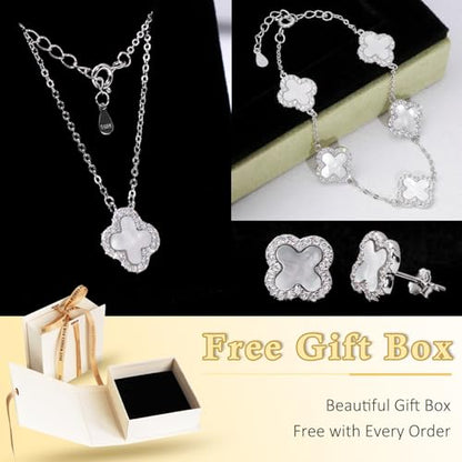 925 Sterling Silver Four Leaf Clover Bracelet – Real Silver Lucky Clover Jewelry for Women, Dainty Good Luck Gift for Her - color: Rhodium Plated – Mother-of-Pearl Set