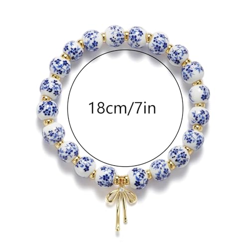 3PCS Bow Beaded Jewelry Set for Women Vintage Handmade Flower Blue And White Porcelain Enamel Ribbon Necklace Bracelet and Earrings Bow Christmas Birthday Holiday Charm Romantic Jewelry Gifts - style: Style A