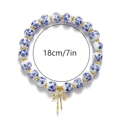 3PCS Bow Beaded Jewelry Set for Women Vintage Handmade Flower Blue And White Porcelain Enamel Ribbon Necklace Bracelet and Earrings Bow Christmas Birthday Holiday Charm Romantic Jewelry Gifts - style: Style A