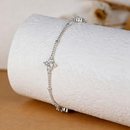 Dainty Lucky Four Leaf Clover Bracelets for Women, Trendy 14K Gold Plated Hypoallergeni Cubic Zirconia Bracelets Cute Paperclip Interlocking Adjustable Chain - color: Silver Clover Bracelet