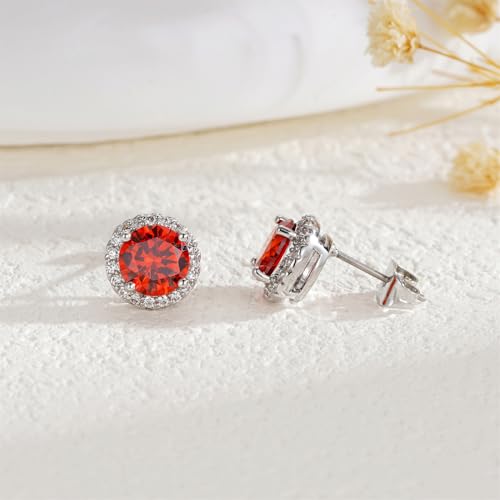 YOMELA Round Cubic Zirconia Stud Earrings for Women | Everyday Dainty, Diamond-Like Brilliance, CZ Halo Birthstone Studs, Hypoallergenic & Lightweight, Elegant & Versatile - color: Orange Red