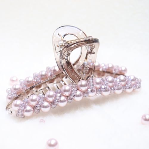 Zayra Faux Pearl Hair Claw Clips with Clear Crystal Beads for Women Handmade Luxury Non Slip Strong Hold Hair Clips Elegant Styling Clips for Party Daily Wear & Gift (Purple pink) - color: Purple pink