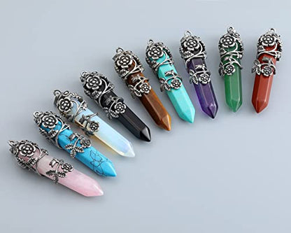 Top Plaza Flower Wrapped Natural Quartz Gemstone Crystal Necklace | Antique Silver Healing Crystal Gemstone Necklaces for Women Mothers Day Mom Gifts - color: 5pcs/set