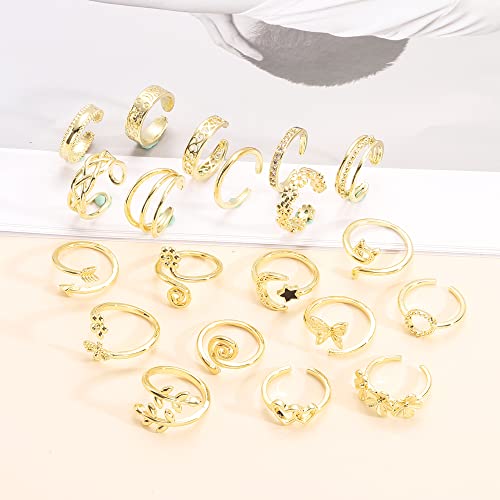Staligue 20pcs Adjustable Toe Rings Set for Women Fingers Joint Tail Summer Beach Arrow Flower Open Rings Foot Jewelry - color: Golden