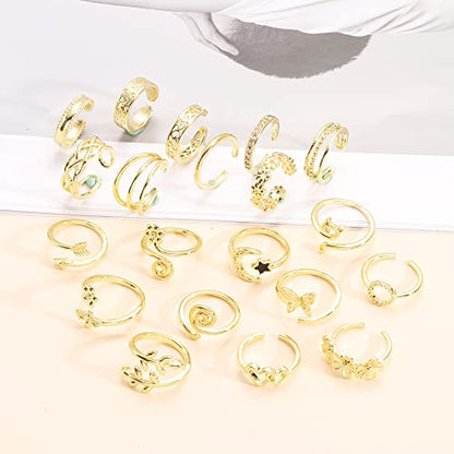 Staligue 20pcs Adjustable Toe Rings Set for Women Fingers Joint Tail Summer Beach Arrow Flower Open Rings Foot Jewelry - color: Golden