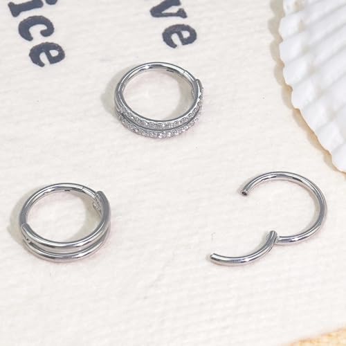 davka Nose Ring Set, 18G Hinged Hoop 8mm & 20G Nose Studs, Stainless Steel & Gold Plated, Hypoallergenic, Multiple Styles Nose Piercing Jewelry - color: Silver/3Pcs Hoops/18gauge 8mm/Set B