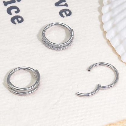 davka Nose Ring Set, 18G Hinged Hoop 8mm & 20G Nose Studs, Stainless Steel & Gold Plated, Hypoallergenic, Multiple Styles Nose Piercing Jewelry - color: Silver/3Pcs Hoops/18gauge 8mm/Set B