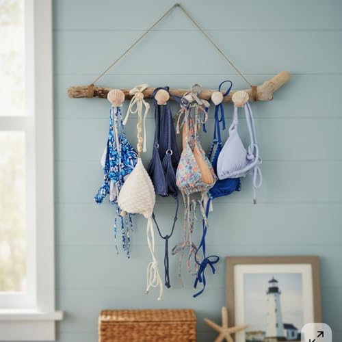 Novabright 16 Inch Bikini Hanger for Wall Seashell Bikini Rack Wall Mounted Swimsuit Organizer with Seashell Accents Coastal Swimwear Storage Rack for Beach Bathrooms Closets Vacation Homes - style: Classic Coastal