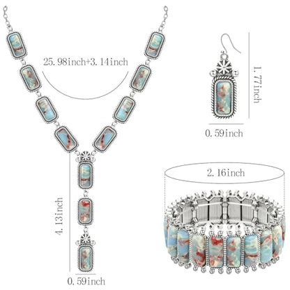 NEWITIN 4 Pieces Silver Bohemian Jewelry Set for Women Fashion Costume Jewels Turquoise Necklace Bracelet Earrings Western Turquoise Jewelry Set for Women - color: Colorful Turquoise