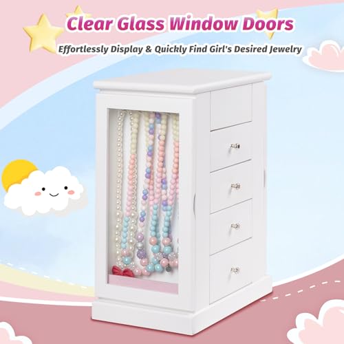 Emfogo Jewelry Box for Girls, Musical Jewelry Box with Spinning Dancer Gifts for Little Girls Christmas New Year Birthday Children's Day, 5 Layer Large Wooden Kids Music Jewelry Organizer Box(White) - color: White