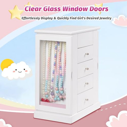 Emfogo Jewelry Box for Girls, Musical Jewelry Box with Spinning Dancer Gifts for Little Girls Christmas New Year Birthday Children's Day, 5 Layer Large Wooden Kids Music Jewelry Organizer Box(White) - color: White