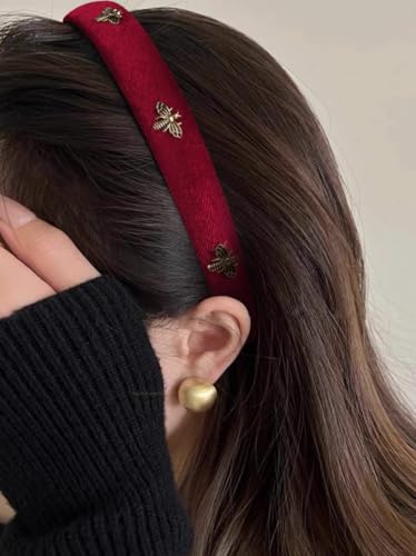 TERSE Burgundy Velvet Headband for Women White Pearl Head Band Cute Designer Headband Fashion Hair Accessories Vintage Women Holiday Headbands Elastic Hair Bands - color: wine red