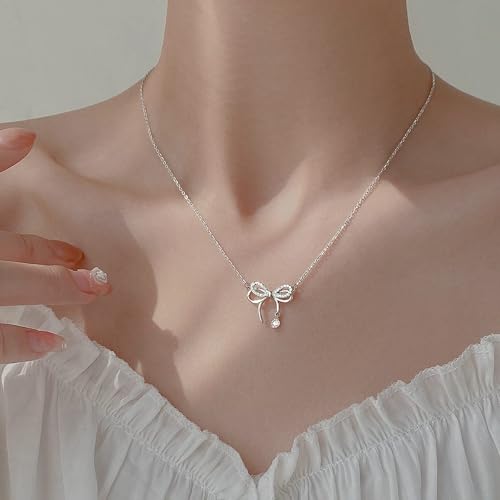 925 Sterling Silver Necklace for Women Trendy, Charming Layered Necklace with Cubic Zirconia Pendant for Her Womens Dainty Diamond Choker Necklaces Holiday Jewelry Gifts for Mom Wife Daughter Lover - color: Bowknot-Silver