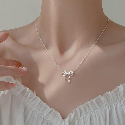 925 Sterling Silver Necklace for Women Trendy, Charming Layered Necklace with Cubic Zirconia Pendant for Her Womens Dainty Diamond Choker Necklaces Holiday Jewelry Gifts for Mom Wife Daughter Lover - color: Bowknot-Silver
