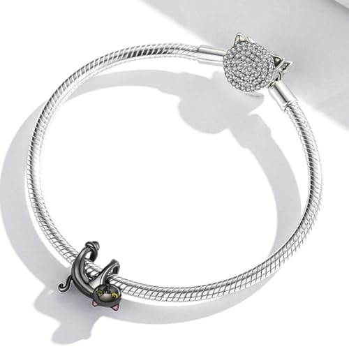 Hummingbird Charms For Bracelets 925 Sterling Silver Animal Dangle & Beads Butterfly Cat Beads Charms For Women Jewelry Gift - color: Black Cat