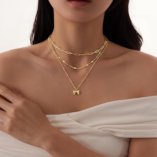 Poxtex Layered Gold Necklaces for Women, Stackable Dainty 14K Gold Silver Plated Trendy Simple Heart Diamond Cross Bow Circle Pendant Paperclip Choker Dot Chain Necklace,Jewelry Set Gifts for Women - color: Gold, style: Bow1