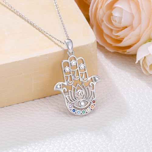 Hamsa Necklace 925 Sterling Silver Evil Eye/Lotus Flower/Star of David/Chai/Yin Yang Hamsa Hand Pendant Jewelry Hand of Fatima Gifts for Women - style: Lotus Chakra Hamsa