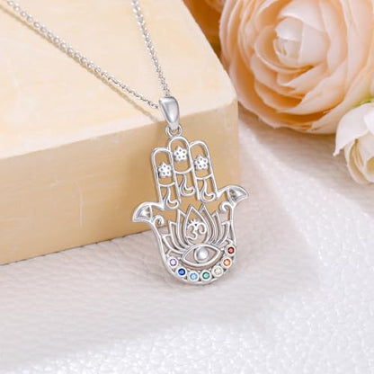 Hamsa Necklace 925 Sterling Silver Evil Eye/Lotus Flower/Star of David/Chai/Yin Yang Hamsa Hand Pendant Jewelry Hand of Fatima Gifts for Women - style: Lotus Chakra Hamsa
