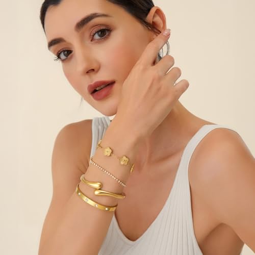 Mothers Day Gifts for Mom 18K Gold-Plated Bracelet Set – Floral Clover, Tennis, Chunky Adjustable Twist Cuff, Classic Gold-plated Bangle Stainless Steel, Non Tarnish, Stackable Bracelet Gift for Women - style: YR floral gold