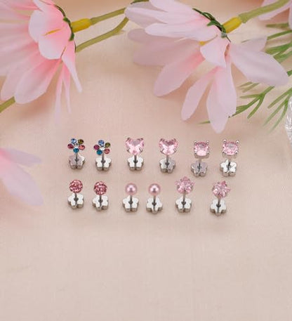 Staligue 8 & 21 Pairs Hypoallergenic Screw Back Earrings for Women – 20G Surgical Steel Flat Back Studs with Heart, CZ, Pearl, Star & Ball Designs | Tiny Cartilage Jewelry Options - color: Pink