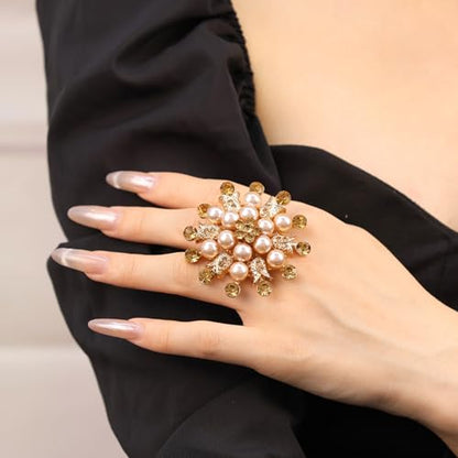 Elegant Big Crystal Ring for Women Gold Stacking Pearl Rhinestone Flower Rings Open Finger Adjustable Crystal Statement Ring Jewelry for Bridal Wedding - color: Crystal 1-gold