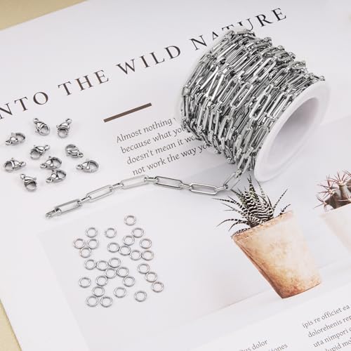 SMYHTGLIF 13 Feet Silver Stainless Steel Paperclip Chain for Jewelry Making | Bulk Chain Spool Craft Jewelry Roll Handmade Chain with Lobster Clasps Jump Rings - color: Paperclip Silver