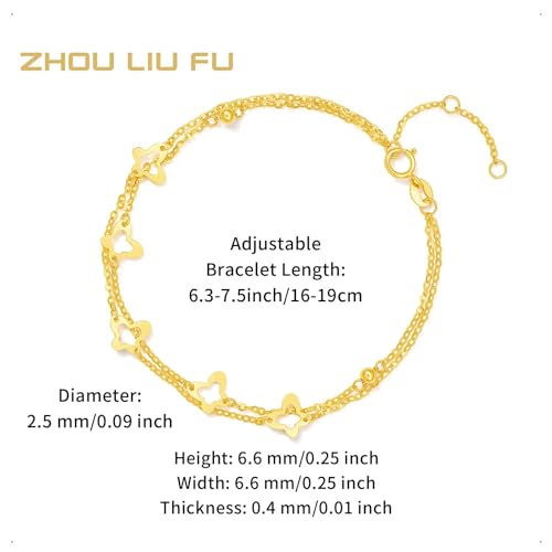 ZHOU LIU FU 18K Yellow Gold Charm Bracelet Hollow Heart Star Butterfly Charms Delicate Double Chain Bracelets Adjustable Cute Jewelry for Women Her Mom Daughter Birthday Anniversary 16+3cm/6.3-7.5" - style: Butterfly