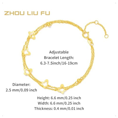 ZHOU LIU FU 18K Yellow Gold Charm Bracelet Hollow Heart Star Butterfly Charms Delicate Double Chain Bracelets Adjustable Cute Jewelry for Women Her Mom Daughter Birthday Anniversary 16+3cm/6.3-7.5" - style: Butterfly