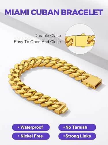 Richsteel Gold/Black/Silver Cuban Link Bracelet for Men,5/7/9/12MM Width | 316L Stainless Steel Chain Wrist Bracelet, Waterproof, No Tarnish, Hypoallergenic Hip Hop Jewelry, with Gift Box - color: 02-Gold Plated 12mm Width