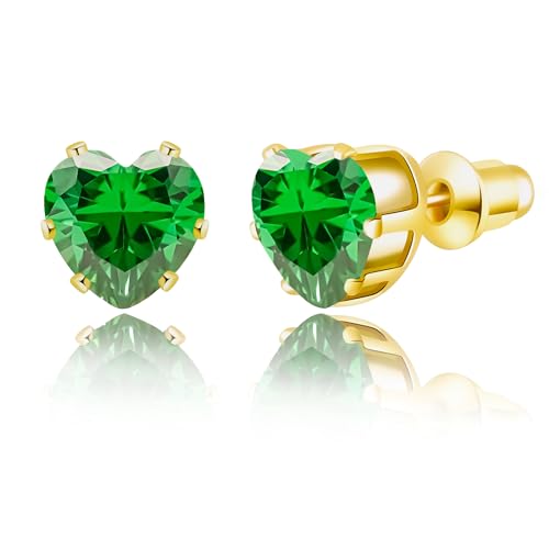 8mm Heart-Cut Birthstone Stud Earrings for Women – 18K Gold Plated Hypoallergenic Cubic Zirconia Earrings, Nickel Free, 12 Months Colors, Everyday Jewelry, Gift for Her, Bridal, Birthday, Christmas - color: 05 May Emerald
