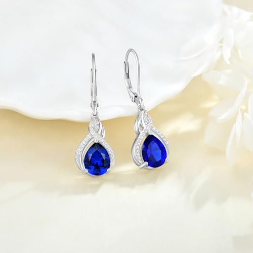 925 Sterling Silver Infinity Teardrop Earrings for Women | Lwsary Dangle Drop Leverback Earrings, Pear Shaped Birthstone Jewelry for Her - color: Deep Blue