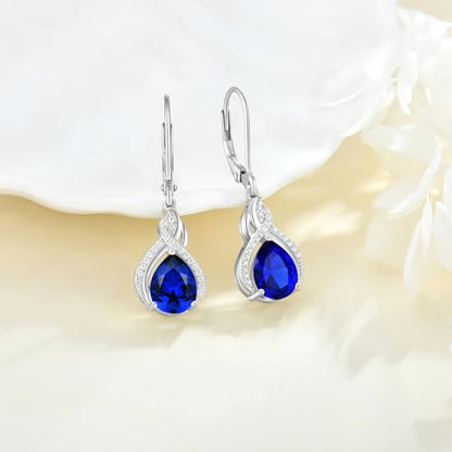925 Sterling Silver Infinity Teardrop Earrings for Women | Lwsary Dangle Drop Leverback Earrings, Pear Shaped Birthstone Jewelry for Her - color: Deep Blue