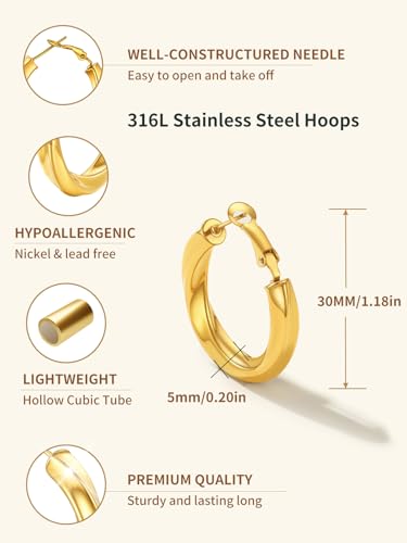 FindChic Twisted Hoop Earrings for Women, Silver/Black/14K Gold Plated Hypoallergenic Hollow Tube Rounded Loop Earrings, 30mm/40mm/60mm/80mm Hoops with Custom Name Options and Gift Box - color: c.Gold, size: 30MM