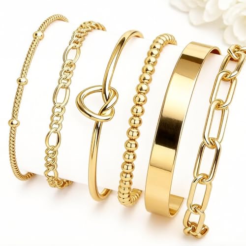 Gold Bracelets for Women, 5 Pcs Non-Tarnish Gold Plated Stackable Bangles with Beaded, Knot, Twisted, Cuff & Chain Designs, Everyday Jewelry Gifts - color: Gold-6pcs