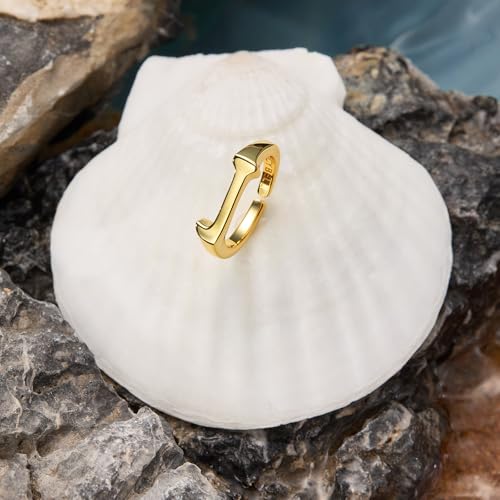 Cicy Bell Initial Rings for Women 18k Gold Plated Adjustable Rings | Open Signet Rings, Bold Letter, Personalized Engraved, For Party - color: Initial-J