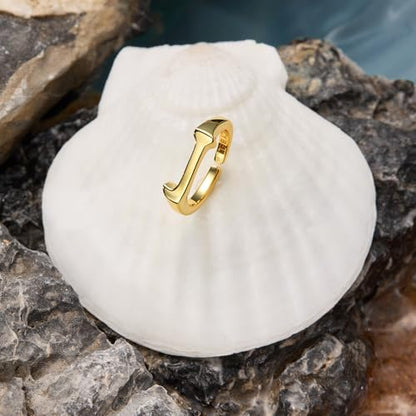 Cicy Bell Initial Rings for Women 18k Gold Plated Adjustable Rings | Open Signet Rings, Bold Letter, Personalized Engraved, For Party - color: Initial-J